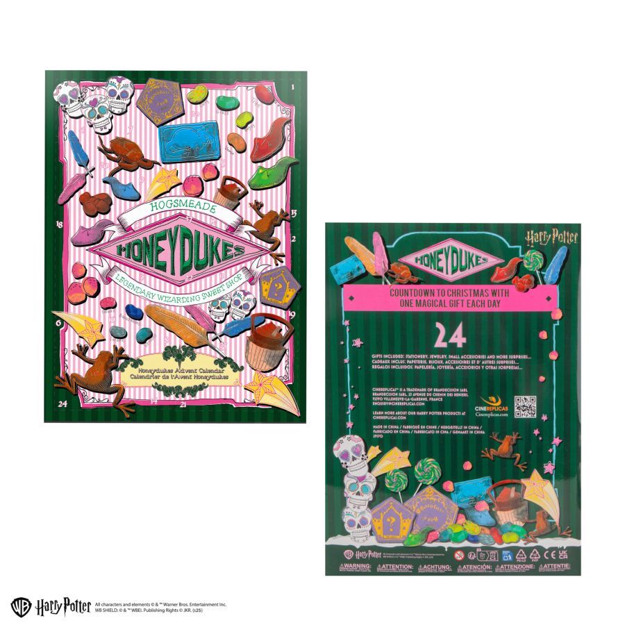 Two packages of Honeydukes themed advent calendars on a white background