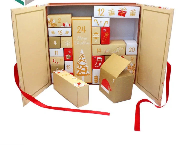 Open cardboard advent calendar with red ribbon on a white background