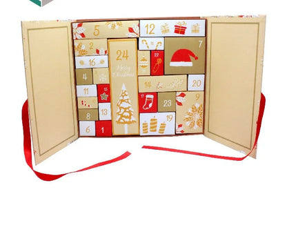 Open Christmas advent calendar with red ribbon on a white background
