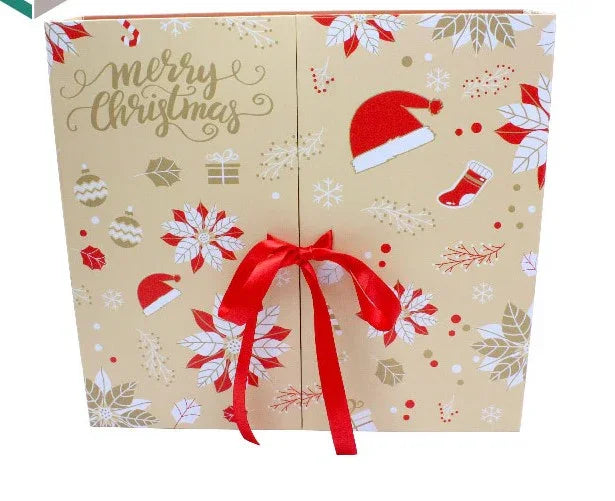 Christmas-themed gift box with red ribbon on a beige background