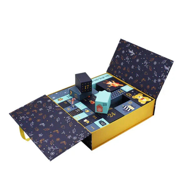 Decorative box with a patterned interior and small toys on a white background