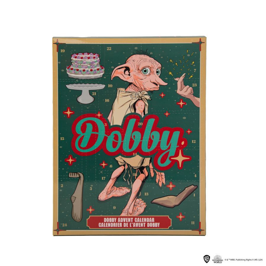 Dobby the house elf advent calendar with a green background and red text.