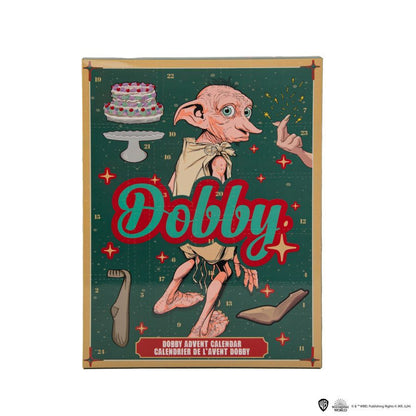 Dobby the house elf advent calendar with a green background and red text.