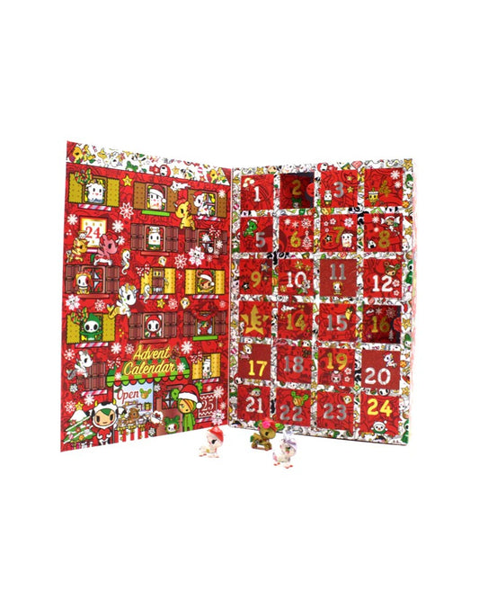 Red and white Christmas advent calendar featuring Santa Claus and snowmen