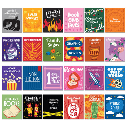 30 colorful book-themed sticker or card designs 