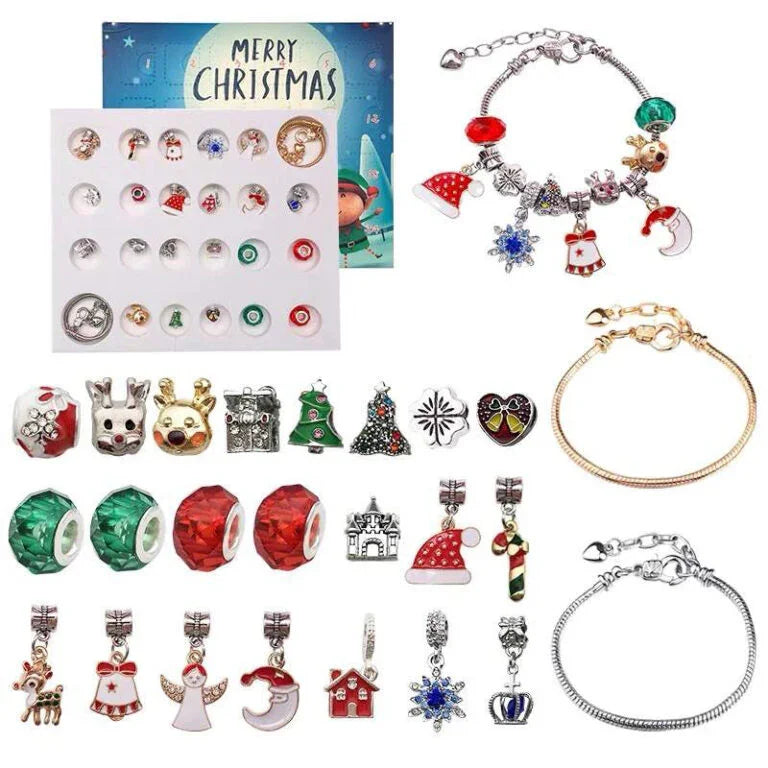 Collection of Christmas-themed charms and bracelets on a white background