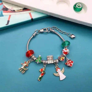 Bracelet with colorful charms on a blue surface