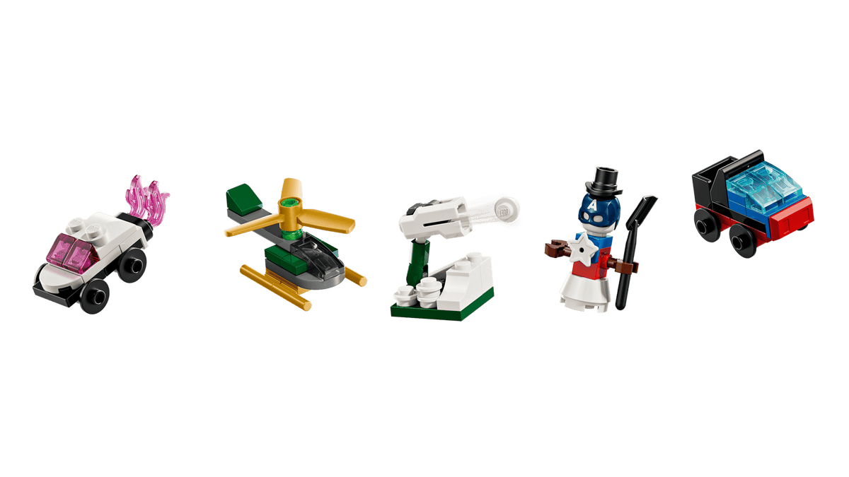 Five small toy building-block vehicles and a snowman figure