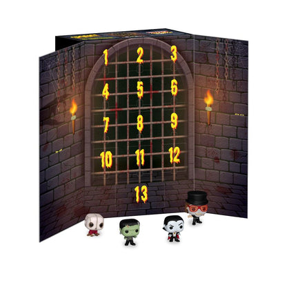 Halloween-themed advent calendar box with a dark stone wall and arched window design
