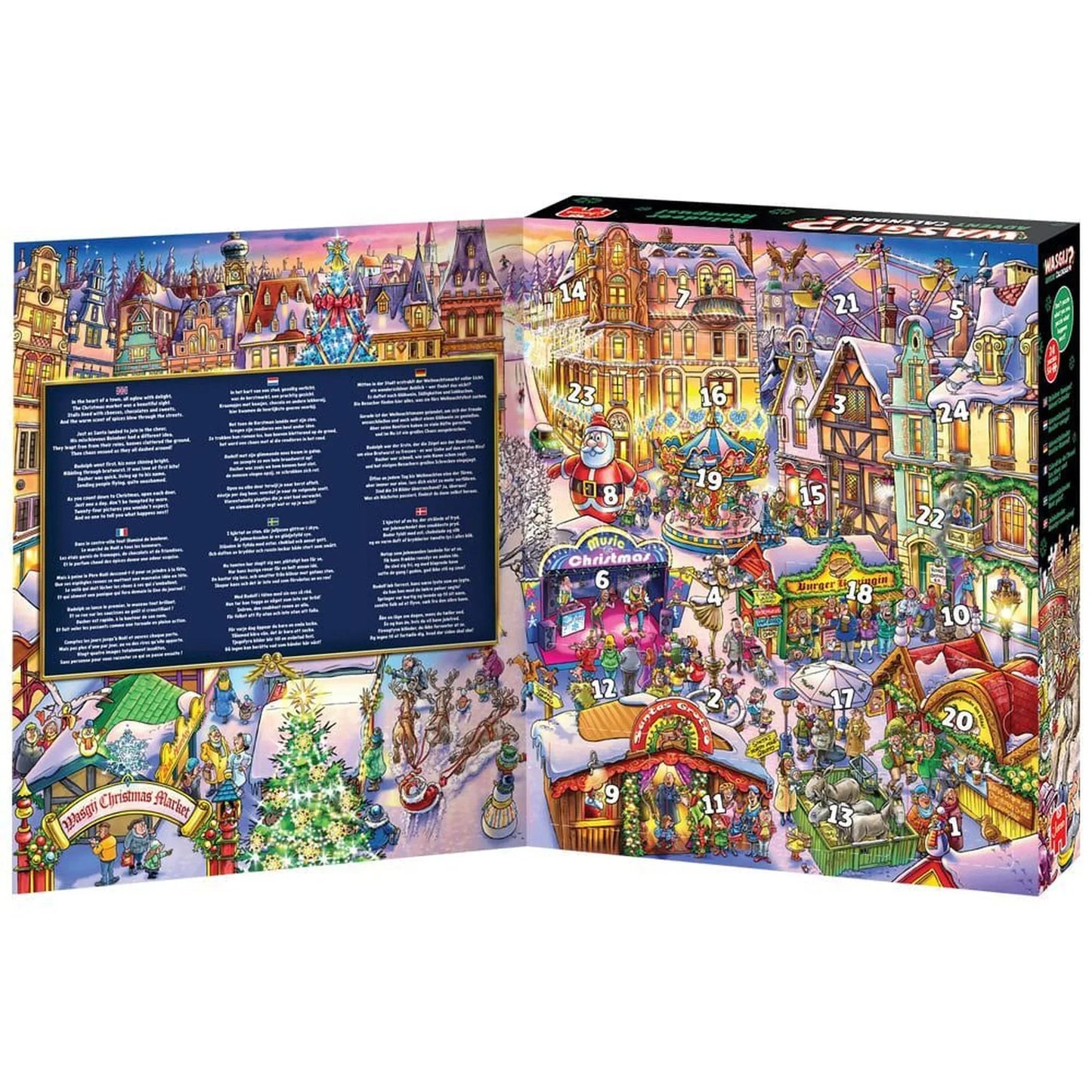 Colorful puzzle box with a festive village scene on a white background