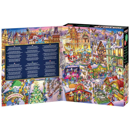 Colorful puzzle box with a festive village scene on a white background