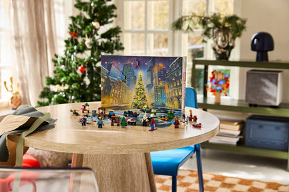 colorful LEGO City Christmas scene box stands 