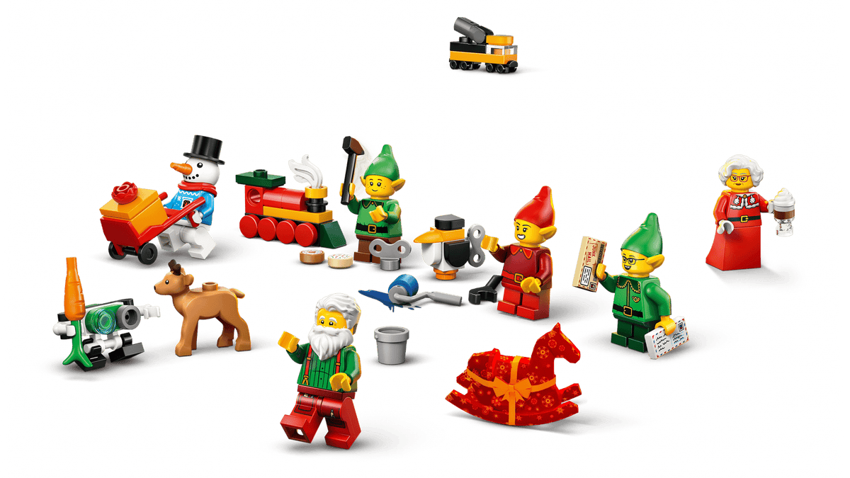 Set of LEGO minifigures and small building pieces arranged