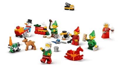 Set of LEGO minifigures and small building pieces arranged