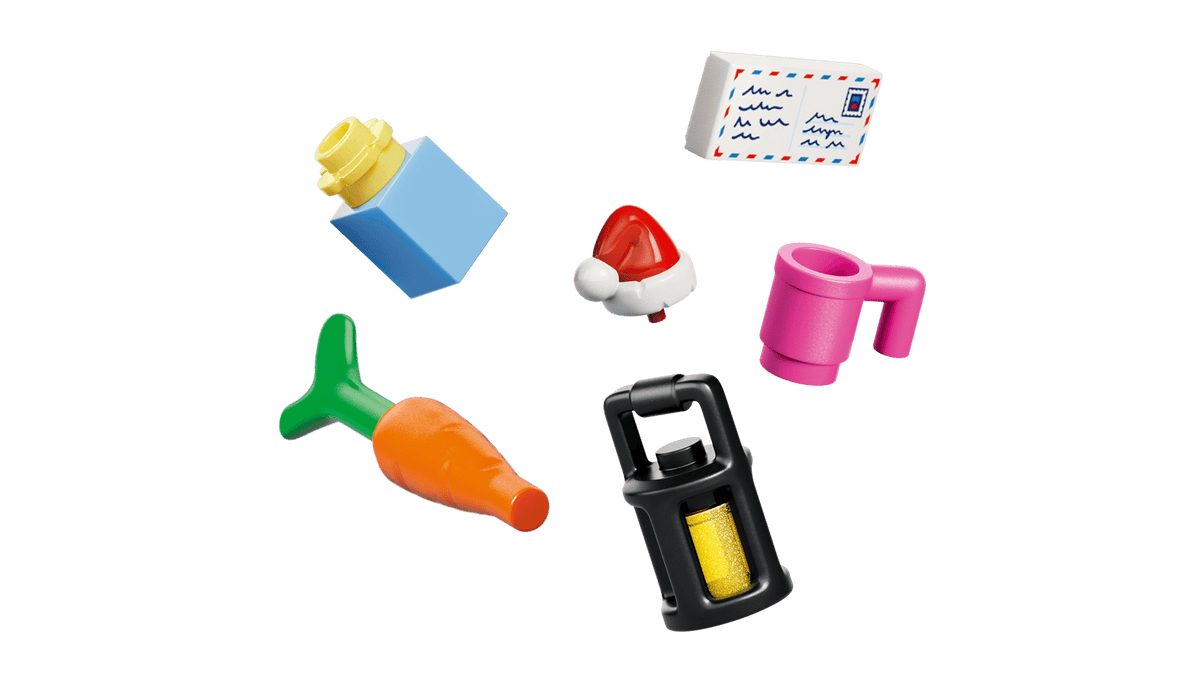 Set of colorful toy items including a carrot, lock, and other small objects 