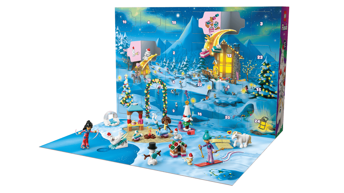 Toy advent calendar with snowy landscape and characters 